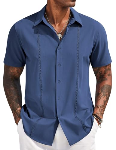41rv5DBLW3L.jpg Mens Cuban Guayabera Short Sleeve Shirt Casual Summer Beach Tops Button Down Untucked Shirts
