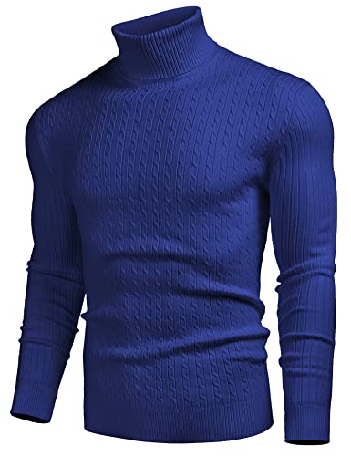 Men's Slim Fit Turtleneck Sweater Casual Twist Patterned Pullover Knitted Sweater Royal Blue