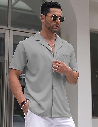 Men's Wrinkle Free Untucked Cuban Shirt Business Casual Button Down Shirts Short Sleeve Shirt