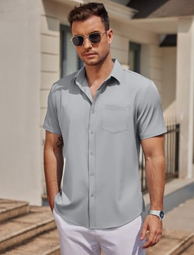 41uFbgVCltL.jpg Mens Casual Button Down Shirts Short Sleeve Business Shirts Lightweight Wrinkle Free Dress Shirts