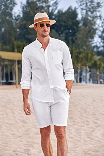 Linen Sets For Men 2 Piece Button Down Shirt Long Sleeve and Casual Beach Drawstring Waist Shorts Summer Outfits