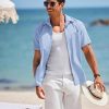 Men's Short Sleeve Button Down Shirt Casual Linen Shirts Summer Beach Vacation Shirt with Pocket