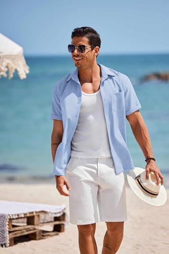Men's Short Sleeve Button Down Shirt Casual Linen Shirts Summer Beach Vacation Shirt with Pocket