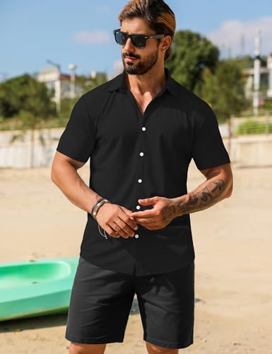 Men's Muscle Dress Shirts Short Sleeve Stretch Casual Button Down Shirts Wrinkle Free Slim Fit Dress Shirt for Men