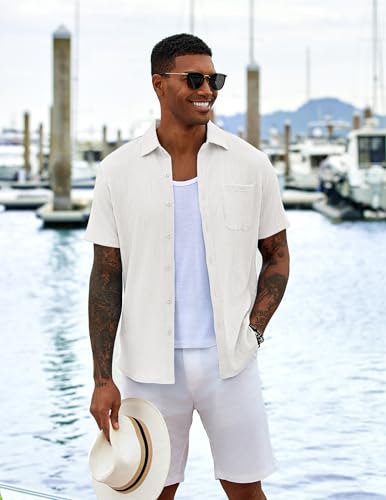Men's Casual Button Down Shirts Short Sleeve Textured Shirt Summer Untucked Vacation Beach Wedding Shirts
