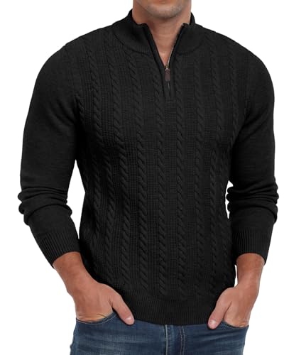 Men's Quarter Zip Sweater Cable Knit Mock Turtleneck Sweater Long Sleeve Soft Casual Pullover Sweater