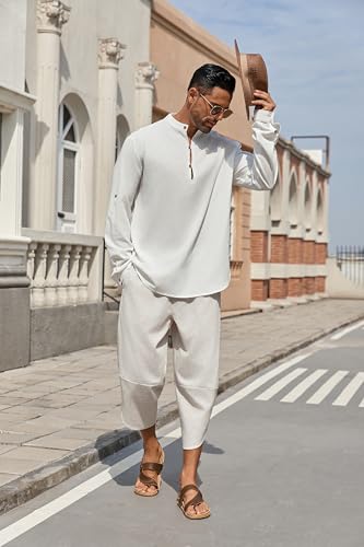 41vqJyvpWL.jpg Men's Linen Harem Capri Pants Lightweight Loose 3/4 Shorts Drawstring Elastic Waist Casual Beach Boho Yoga Trousers