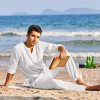 Men's 2 Pieces Cotton Linen Set Henley Shirt Long Sleeve and Casual Beach Pants Summer Yoga Outfits