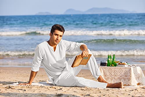 Men's 2 Pieces Cotton Linen Set Henley Shirt Long Sleeve and Casual Beach Pants Summer Yoga Outfits