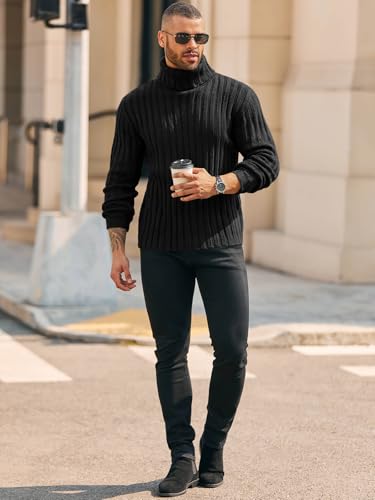 Mens Chunky Turtleneck Sweaters Cable Knitted Casual Slim Fit Fall Winter Warm Pullover Sweater