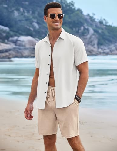 Mens Linen Shorts 9" Elastic Waist Drawstring Casual Shorts Lightweight Summer Beach Shorts