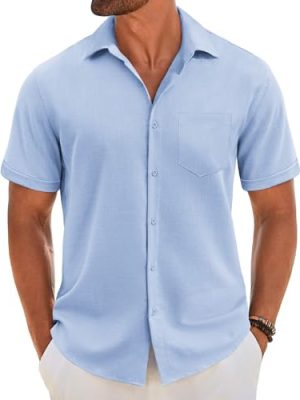 Men's Short Sleeve Button Down Shirt Casual Linen Shirts Summer Beach Vacation Shirt with Pocket