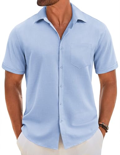 Men's Short Sleeve Button Down Shirt Casual Linen Shirts Summer Beach Vacation Shirt with Pocket