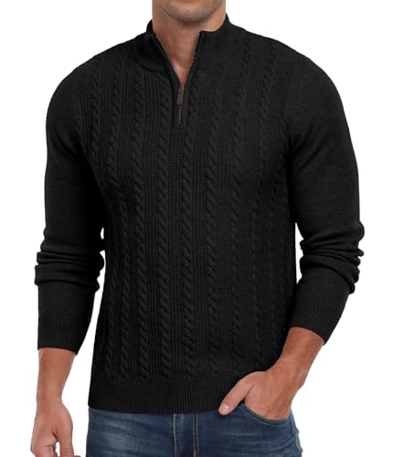 Men's Quarter Zip Sweater Cable Knit Mock Turtleneck Sweater Long Sleeve Soft Casual Pullover Sweater