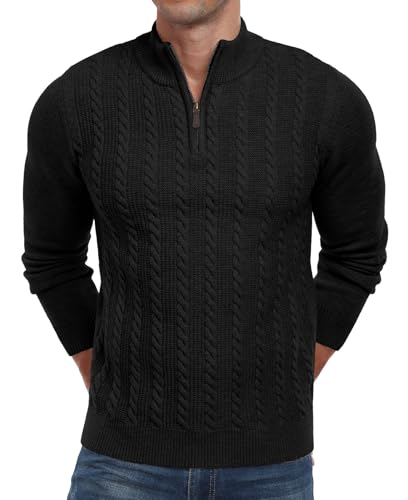 Men's Quarter Zip Sweater Cable Knit Mock Turtleneck Sweater Long Sleeve Soft Casual Pullover Sweater