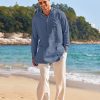41xo8lUGt5L.jpg Men's Linen Henley Shirts Long Sleeve Collarless T-Shirts Longline Kurta Beach Shirts with Pocket