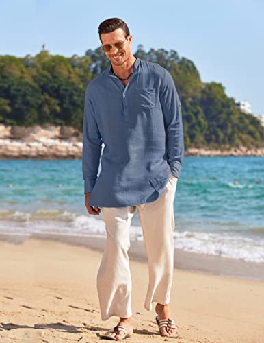 41xo8lUGt5L.jpg Men's Linen Henley Shirts Long Sleeve Collarless T-Shirts Longline Kurta Beach Shirts with Pocket
