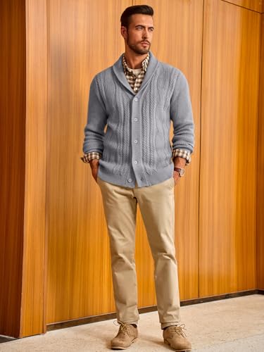 Mens Shawl Collar Cardigan Sweater Cable Knit Button Down Sweaters Long Sleeve Casual Winter Outwear