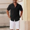 Men's Button Down Short Sleeve Shirt Casual Cotton Summer Beach Linen Wedding Shirts with Pocket