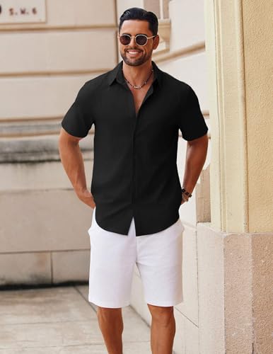 Men's Button Down Short Sleeve Shirt Casual Cotton Summer Beach Linen Wedding Shirts with Pocket