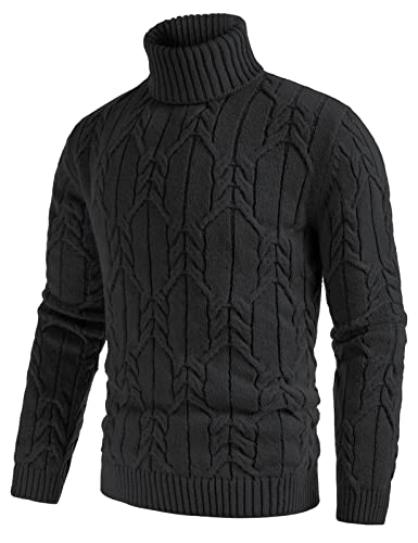 Men's Turtleneck Pullover Sweaters Long Sleeve Solid Twisted Cable Knit Sweater