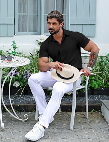 Men's Muscle Dress Shirts Slim Fit Stretch Short Sleeve Casual Button Down Shirts for Men