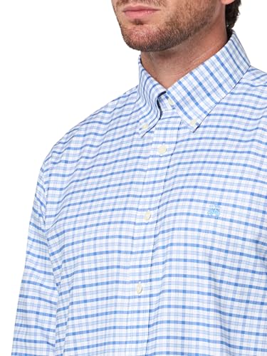 Stretch Cotton Non-Iron Oxford Polo Button-Down Collar, Outline Check Shirt, Blueoutlinechk