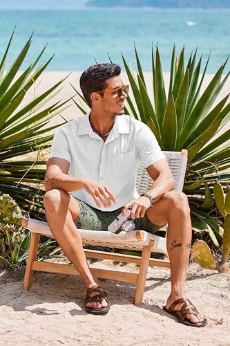Men's Short Sleeve Casual Button Down Shirts Textured Summer Beach Shirt with Pocket