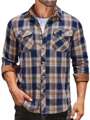 Men's Fall Plaid Button Down Shirt Long Sleeve Casual Cowboy Work Shirts Lightweight Flannel Shirts Two Pocket