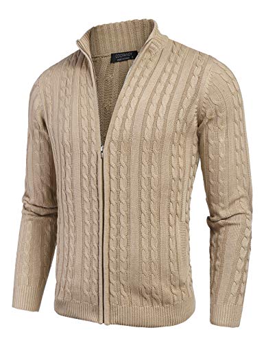 Men's Full Zip Cardigan Sweater Slim Fit Cable Knitted Zip Up Sweater with Pockets