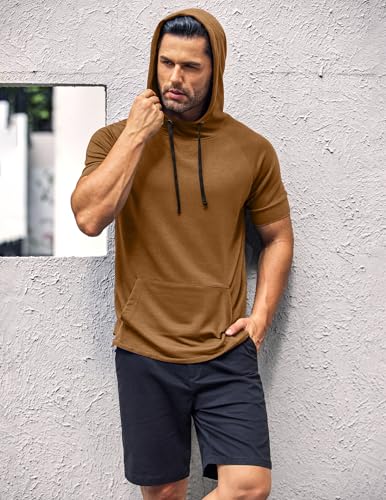 Men's Short Sleeve Hoodie Workout Gym Sweatshirt Muscle Fit Fashion Athletic Hoodies Pullover Cotton Hooded T-Shirts