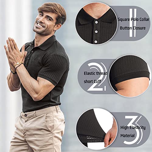 51Ffo4ts1PL.jpg Collared Muscle Polo Shirts Men Slim Fit Textured Knit Polo Shirts Short Sleeve Button Down Shirts Casual Stylish