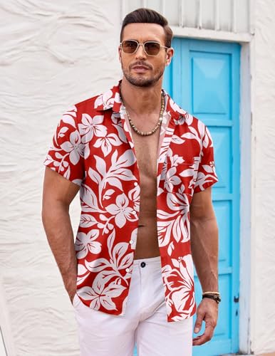 51GKYtj0enL.jpg Mens Hawaiian Shirt Short Sleeve Button Down Shirts Tropical Summer Beach Shirts Casual Floral Aloha Shirts