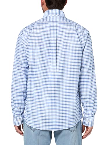 Stretch Cotton Non-Iron Oxford Polo Button-Down Collar, Outline Check Shirt, Blueoutlinechk