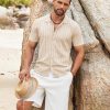 Men's Knit Shirts Short Sleeve Button Down Polo Shirt Vintage Casual Summer Beach Shirts