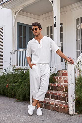 Men's 2 Pieces Linen Set Henley Shirt Short Sleeve and Harem Capri Pants Wide Leg Baggy Beach Yoga Trousers Outfits