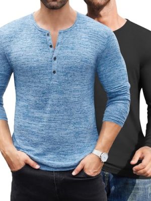 Men's 2Pack Slim Fit Henley Shirts Long Sleeve Lightweight Fashion Casual Cotton Basic T Shirts