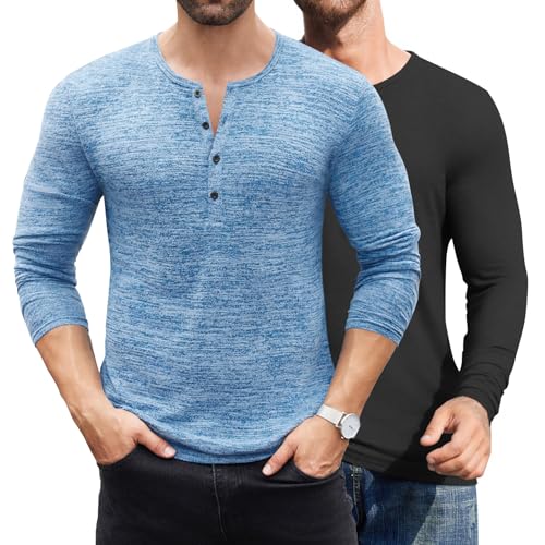 Men's 2Pack Slim Fit Henley Shirts Long Sleeve Lightweight Fashion Casual Cotton Basic T Shirts