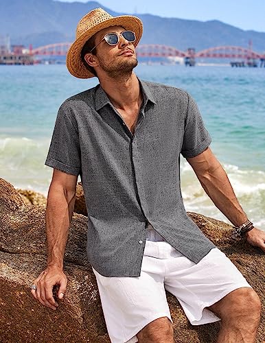 51ROwkiFkmL.jpg Men's Linen Shirts Short Sleeve Casual Shirts Button Down Shirt for Men Beach Summer Wedding Shirt