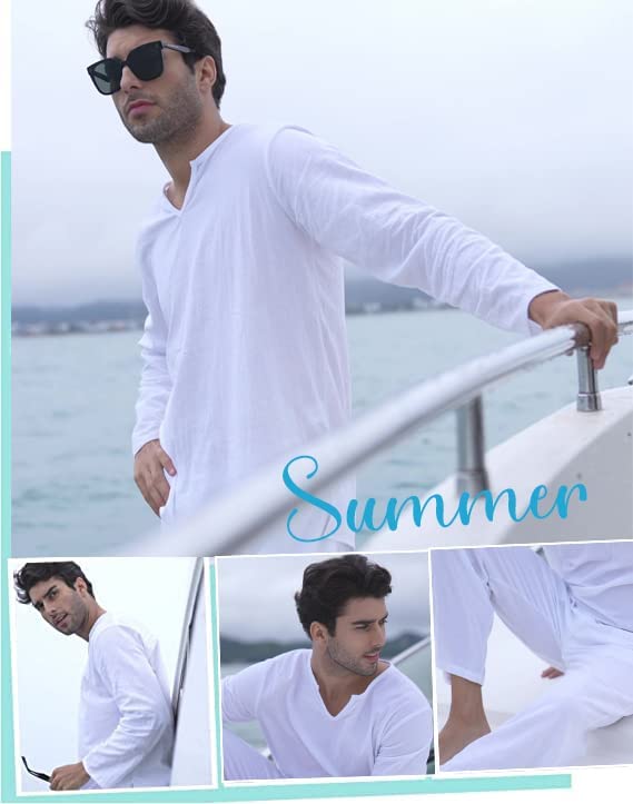 Men's 2 Pieces Cotton Linen Set Henley Shirt Long Sleeve and Casual Beach Pants Summer Yoga Outfits