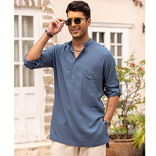 51bjXd4fNsL.jpg Men's Linen Henley Shirts Long Sleeve Collarless T-Shirts Longline Kurta Beach Shirts with Pocket
