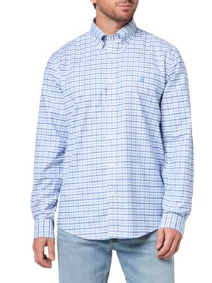 Stretch Cotton Non-Iron Oxford Polo Button-Down Collar, Outline Check Shirt, Blueoutlinechk