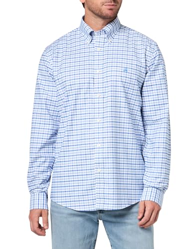 Stretch Cotton Non-Iron Oxford Polo Button-Down Collar, Outline Check Shirt, Blueoutlinechk