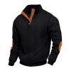 Men's Colorblock Pullover Sweaters Long Sleeve Stand Collar Quarter Button Knitted Sweatshirts Quilted Sweatshirt