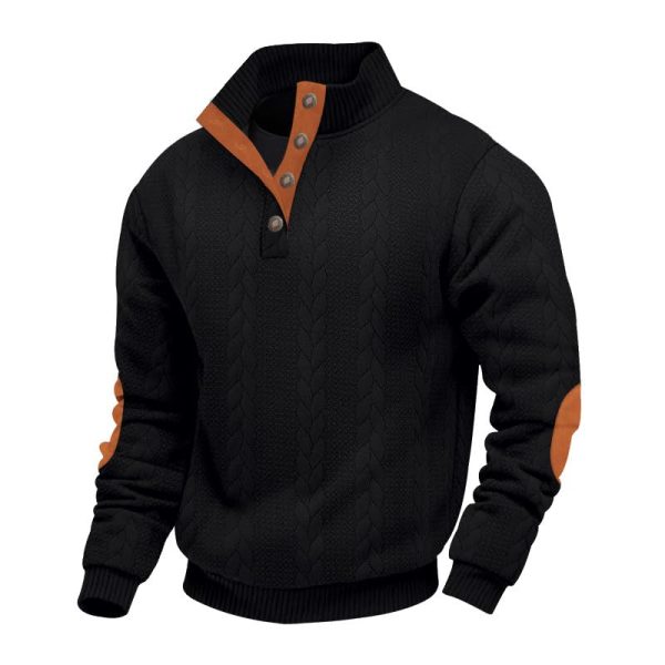 Men's Colorblock Pullover Sweaters Long Sleeve Stand Collar Quarter Button Knitted Sweatshirts Quilted Sweatshirt