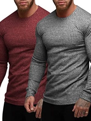 Men's 2 Pack Muscle T-Shirt Stretch Long Sleeve Gym Workout Bodybuilding Training Tee Shirts Casual Hipster Tops