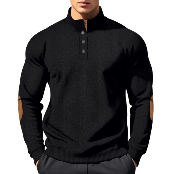 Men's Colorblock Pullover Sweaters Long Sleeve Stand Collar Quarter Button Knitted Sweatshirts Quilted Sweatshirt