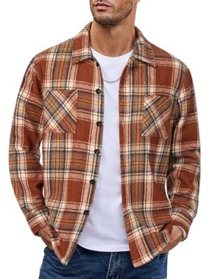 Men's Flannel Shirts Casual Button Down Plaid Shirt Jacket Long Sleeve Fleece Shacket with Pockets
