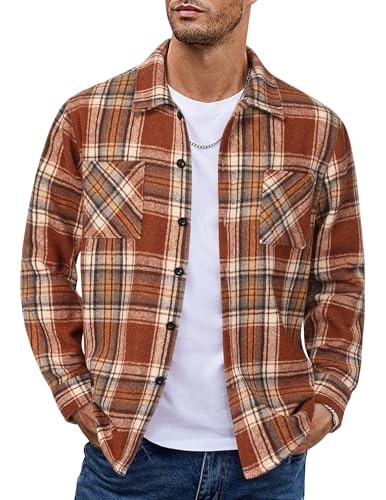 Men's Flannel Shirts Casual Button Down Plaid Shirt Jacket Long Sleeve Fleece Shacket with Pockets