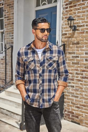 Men's Fall Plaid Button Down Shirt Long Sleeve Casual Cowboy Work Shirts Lightweight Flannel Shirts Two Pocket